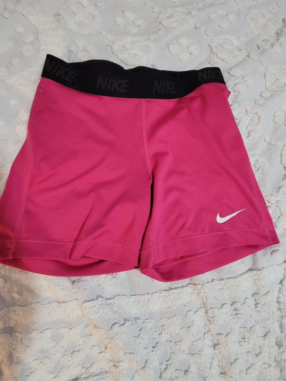 Nike Women's Pink Athletic Shorts with Black Logo Waistband
